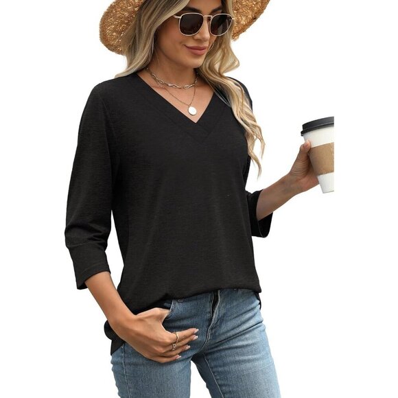 Womens V Neck Casual Tunic Top 3/4 Sleeve Loose Fit Blouse Black X-Large - Picture 3 of 4